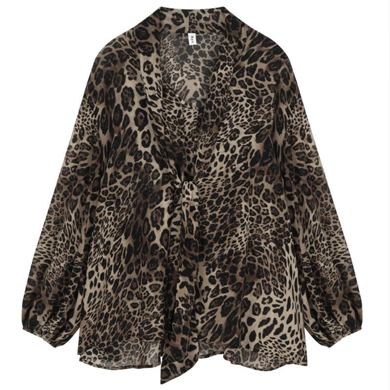 

Рубашка из шифона с длинным рукавом и леопардовым принтом для женщин - Лето/Солнцезащитный топ средней длины L