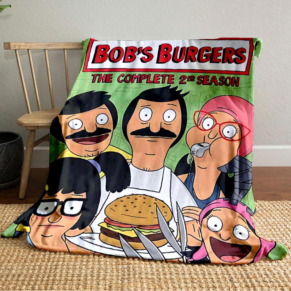 Cartoon characters gathered with a burger, some making humorous expressions. for all seasons blanket lunch break throw gift