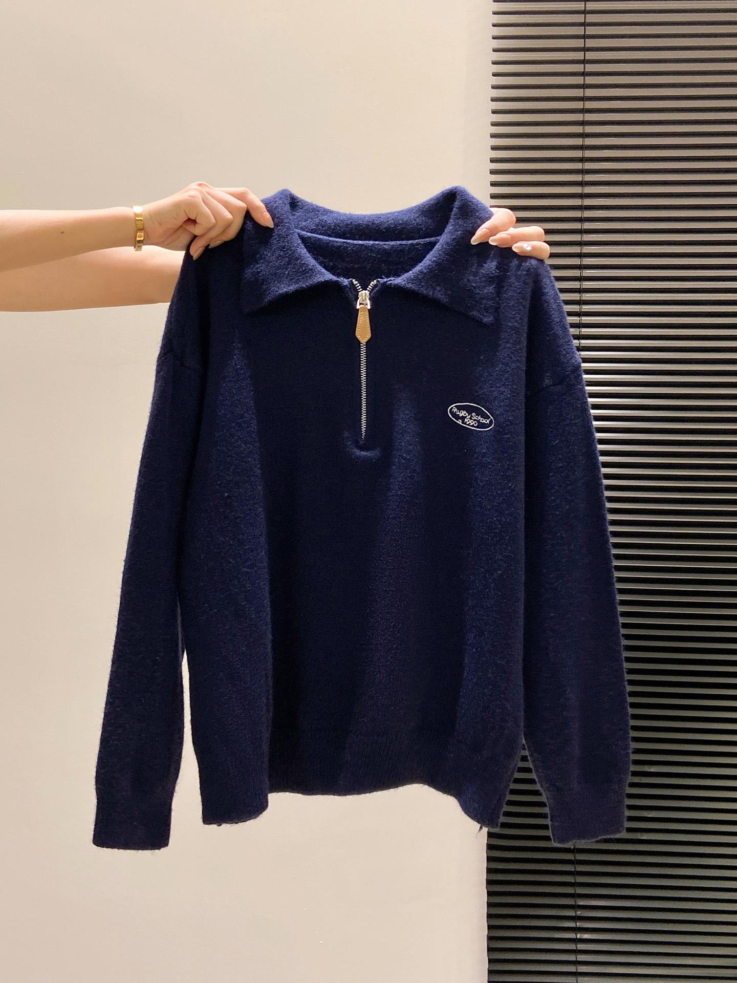 

Утепленный теплый свитер на молнии до середины женский осенне-зимний повседневный ленивый внутренний топ с воротником поло, вязаная базовая рубашка L синий