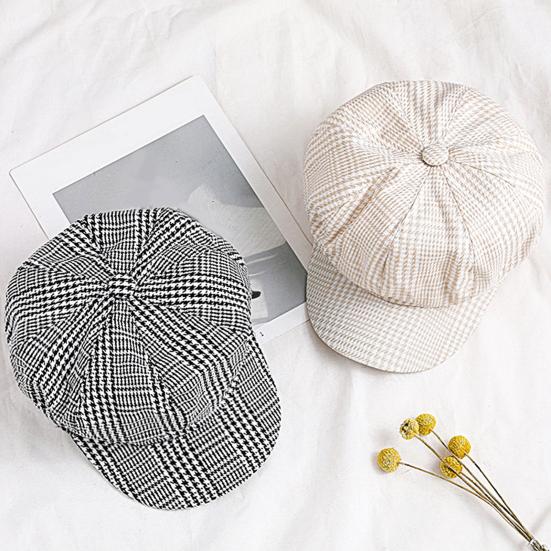 Vintage Men Women Autumn Winter Plaid Warm Beret Hat Wide Brim Octagonal Cap