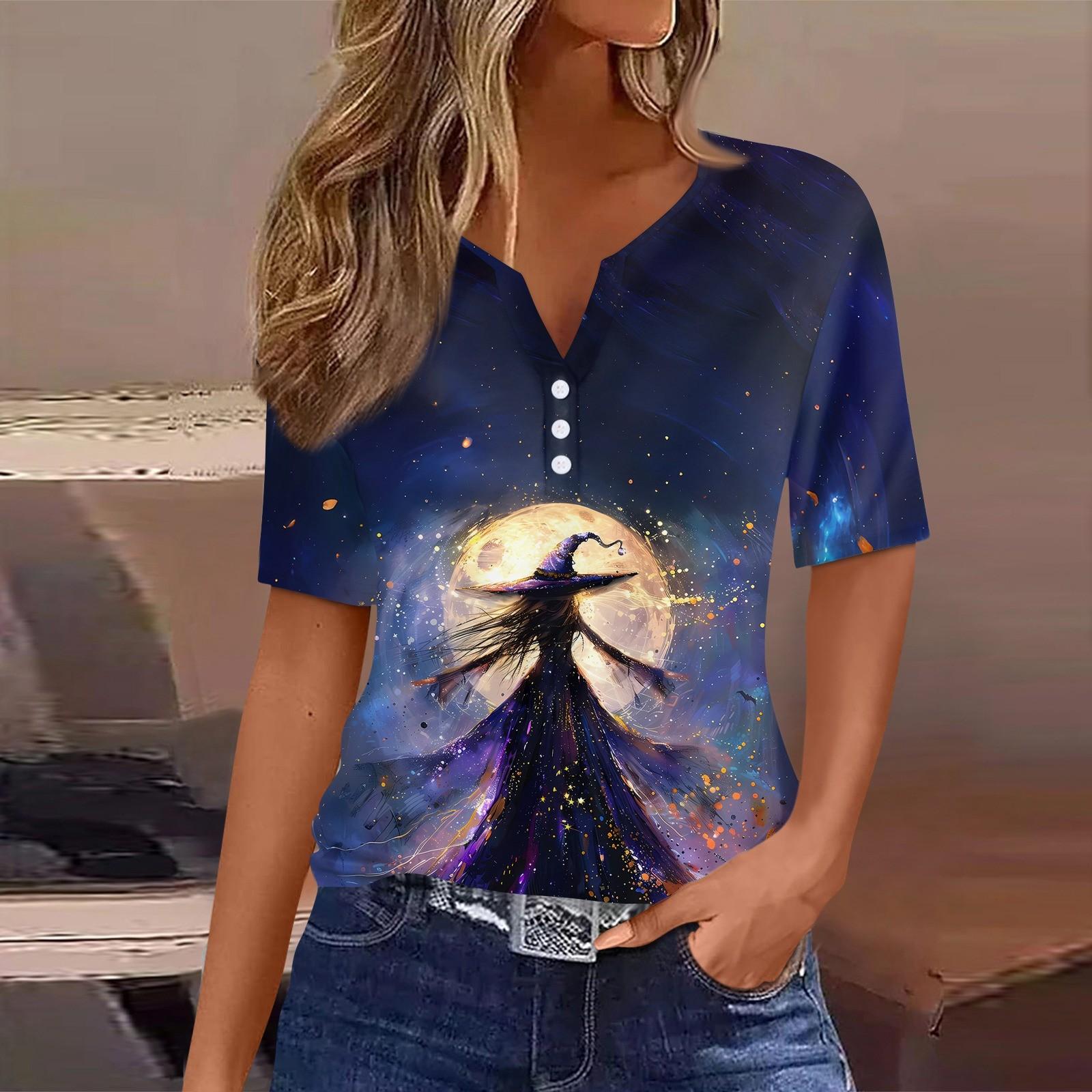 

Женская футболка с принтом на Хэллоуин, на пуговицах, с коротким рукавом, повседневная, для выходных, модная, базовая, с V-образным вырезом, обычный топ XXL