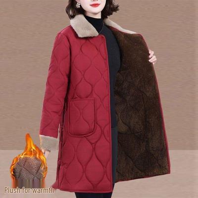 Stylish Mid-Length Winter Cotton Coat for Middle-Aged and Elderly Women with Plush Lining