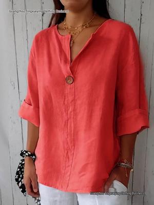 T-shirt d'été à col en V pour femme en coton et lin avec boutons - Style Europe et Amérique