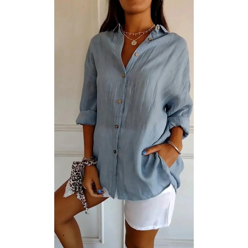Camisa Casual de Verão com Decote em V e Botões Moda Feminina Solta Sólida com Lapela Camisa de Escritório Feminina Top Retrô