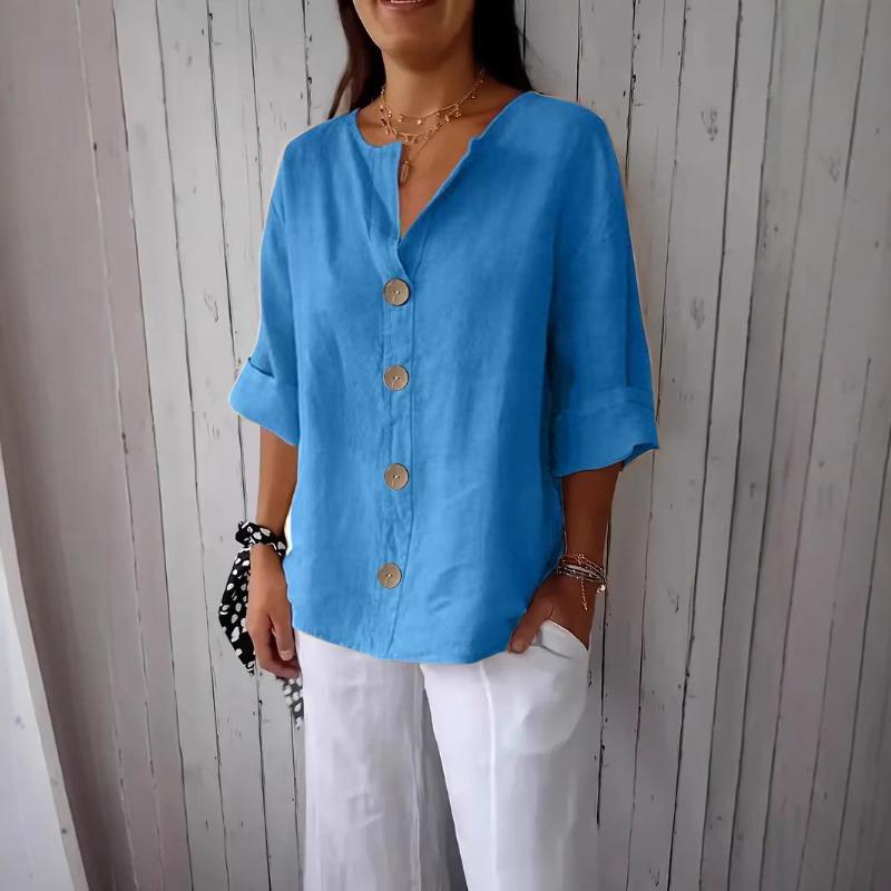 T-shirt da donna estiva nuova, larga, in cotone e lino, con scollo a V, bottoni, casual