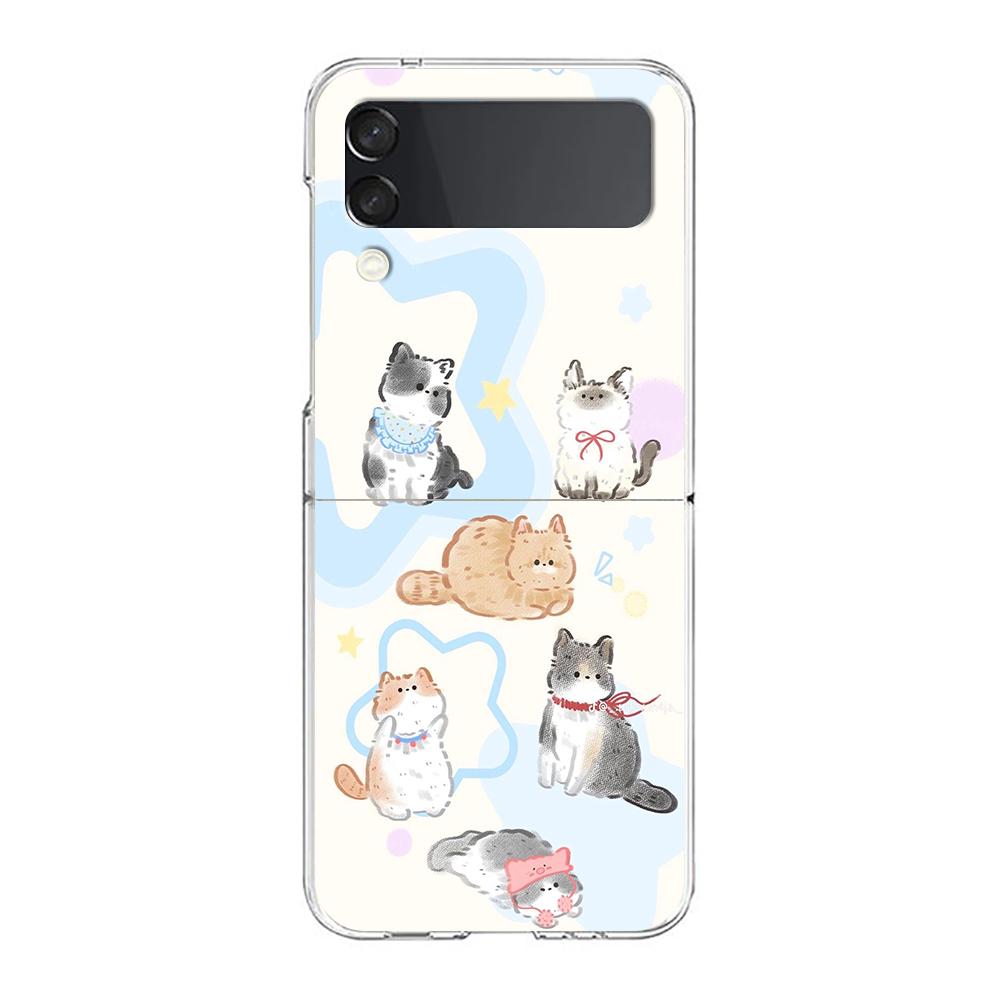 Transparent Phone Case For Samsung Galaxy Z Flip 3 4 5 6 7 Hard Folding PC Z Flip3 Flip4 Cover Protector Cat Fishing