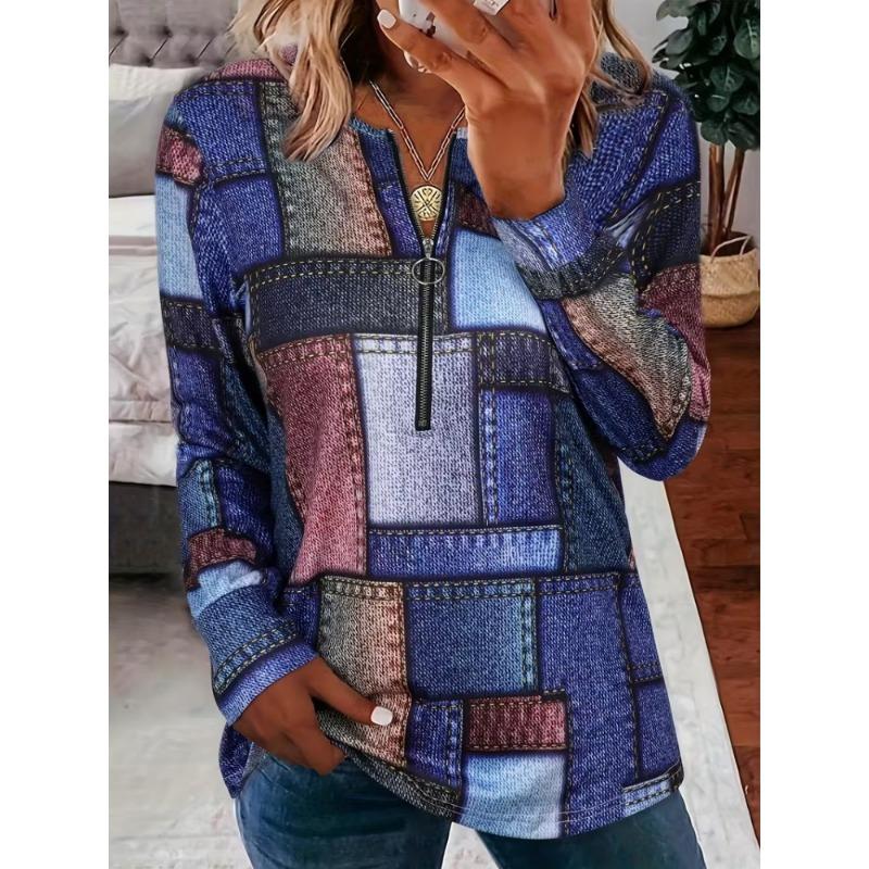 Ladies' 3D Printed V-neck Zipper T-shirt with Glossy Long Sleeved Top and Half Zipper Long Sleeved T-shirt