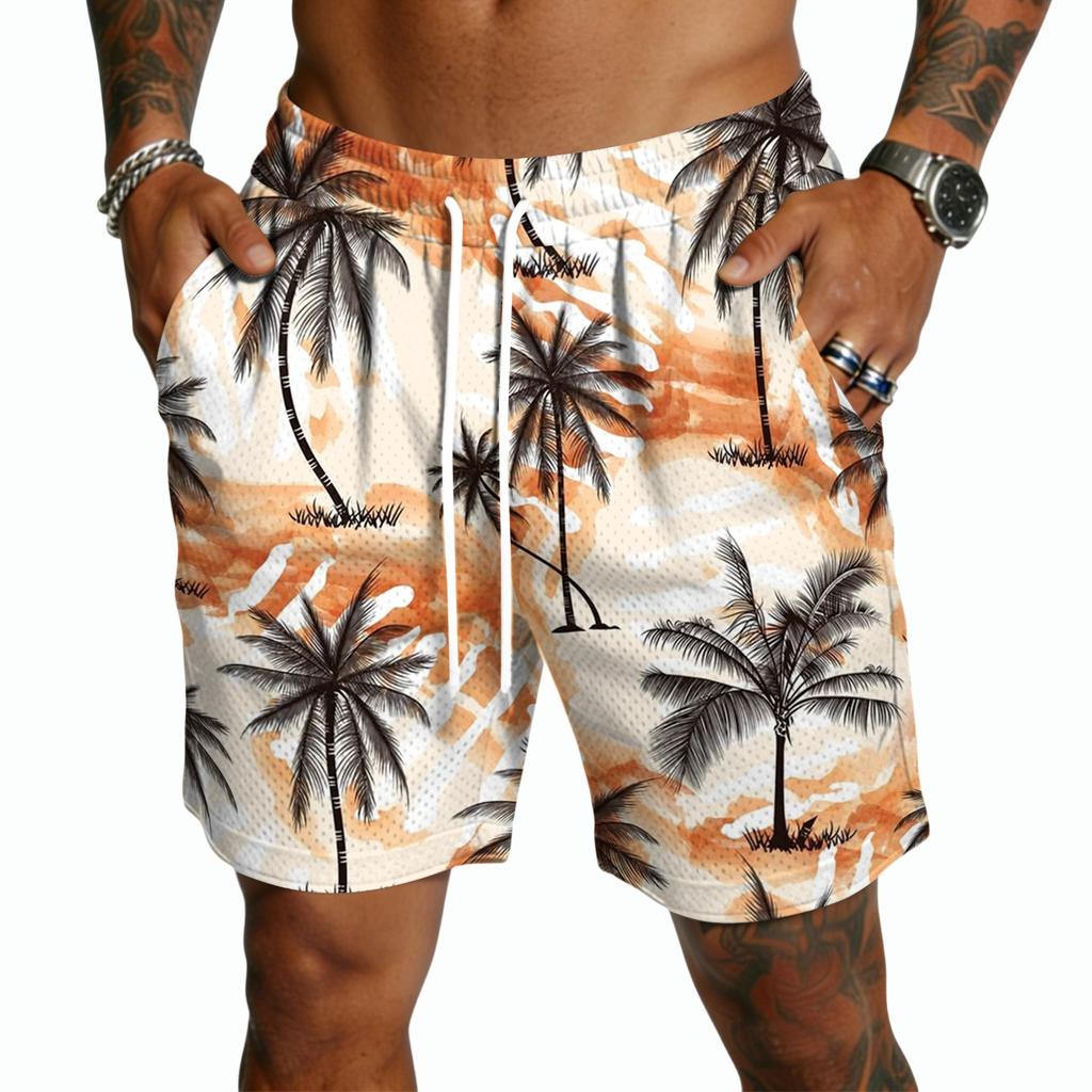 Men's Casual Quick Dry Drawstring Shorts with Hawaiian Print, Lightweight 5-Inch Inseam for Summer