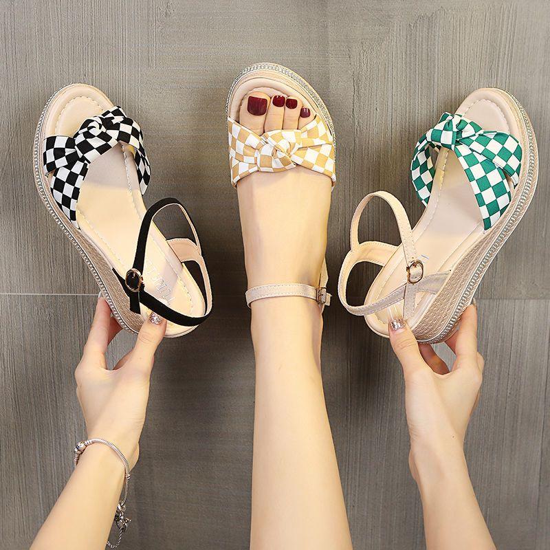 Woman Shoes Checkerboard Grid Platform Bow Sandals for Women Wedges Heel Sandal on Offer Pvc Comfort Footwear Sale Sales Daily
