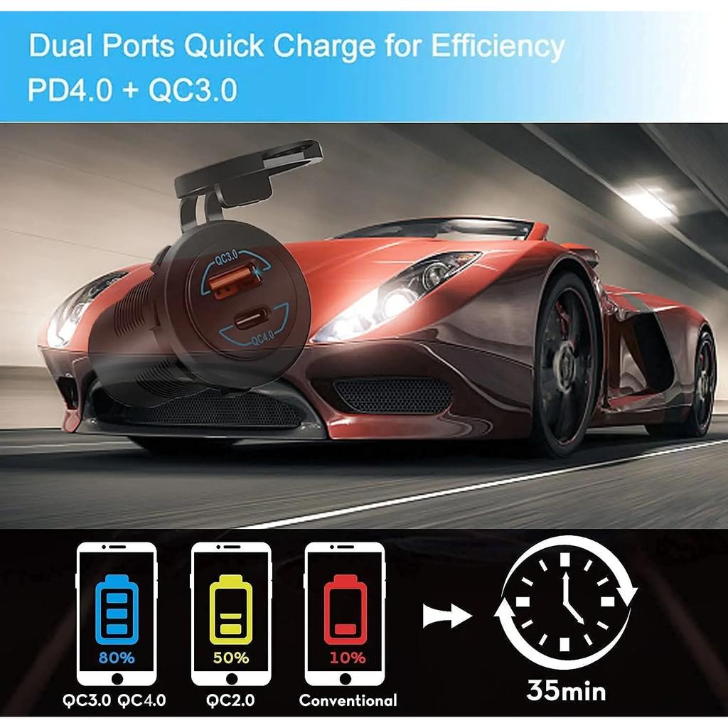 12V 24V USB Outlet Car Power Outlet Socket 60W QC 4.0 PD Type C & 36W Quick Charge 3.0 Car USB Charger Socket for Boat Auto