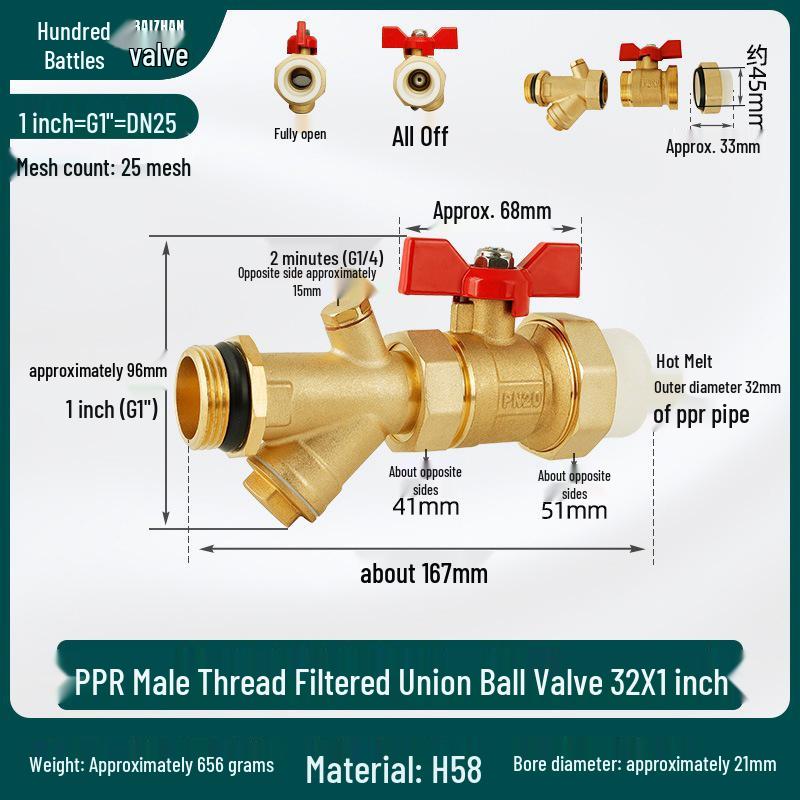 All-Copper PPR Male Thread Double Union Ball Valve for Water Pipes - Compatible with 4, 6, 20, 25, and 32 Points.