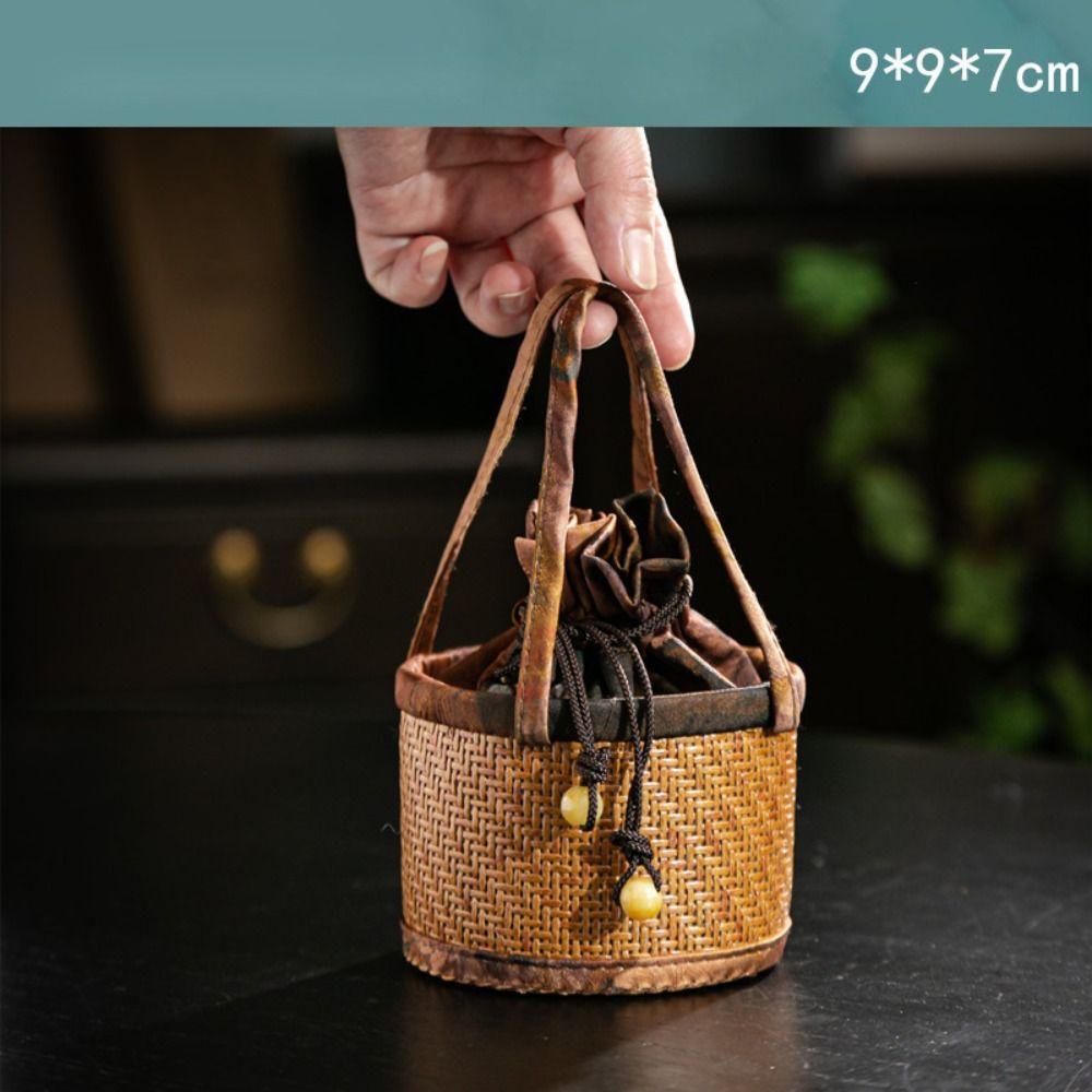 Handmade Spliced Drawstring Pocket with Handle Teapot Bag Rattan Pattern Storage Bag  For Small Cup