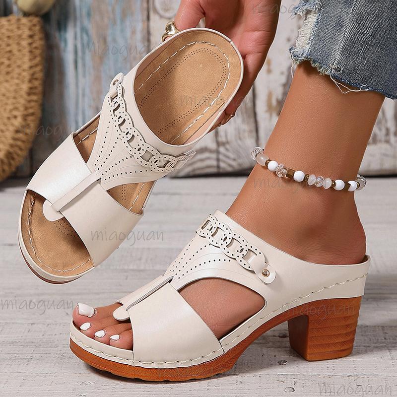 Women's Comfort Chunky Heeled Sandals Summer 2025 Roman Style Pu Leather Casual Slippers Woman Slip On High Heel Sandalias Mujer