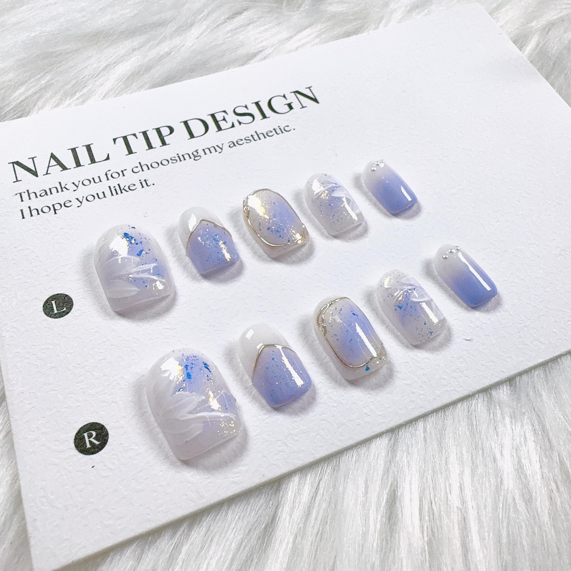 Milky Blue Gradient Press-On Nails with Gold Line Accents
