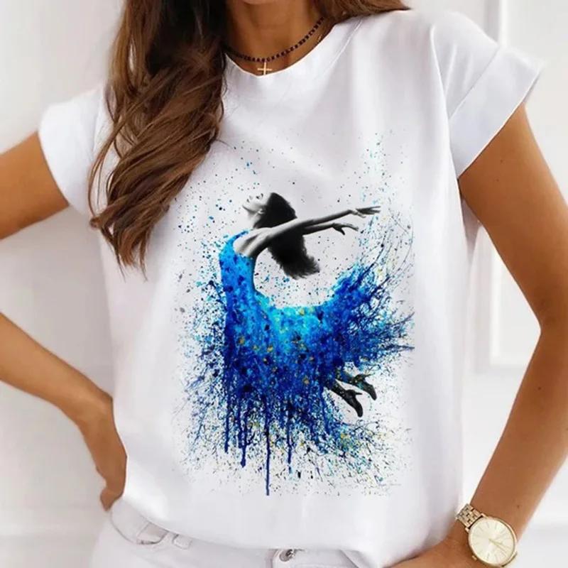 Stylish African Womens Watercolor Ballerina Girl Cute Cartoon Short Sleeve Tshirt Summer Tops Vintage Clothes Oversized Tee