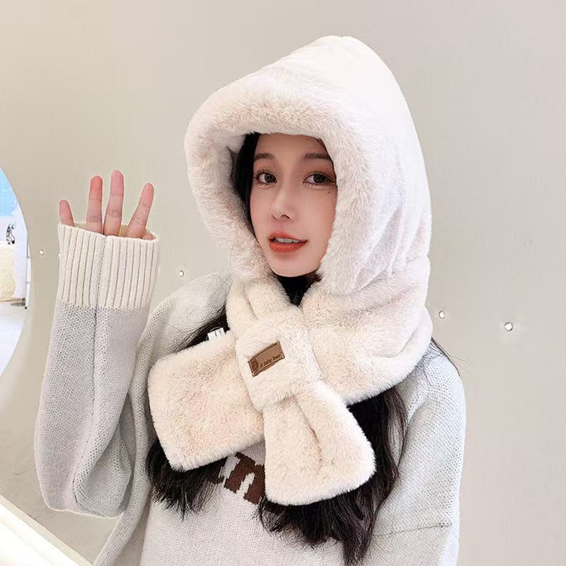 Windproof Hat Women's Winter Hat Scarf Integrated Cycling Scarf Cap Plush Thickened Ear Protector Electric Vehicle Warm Artifact