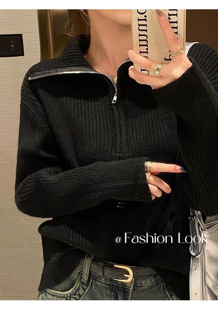 Women's Half-Zip Sweater, Loose Knitwear with Lapel Design, for Spring and Autumn 2026.