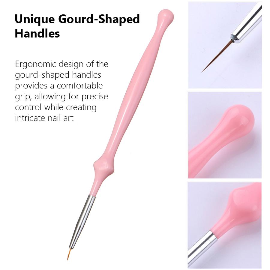 3Pcs Nail Art Brushes Set, Liner Striping Fine Detail Drawing Brush with Gourd-Shaped Handle for Acrylic & Gel Nail Design