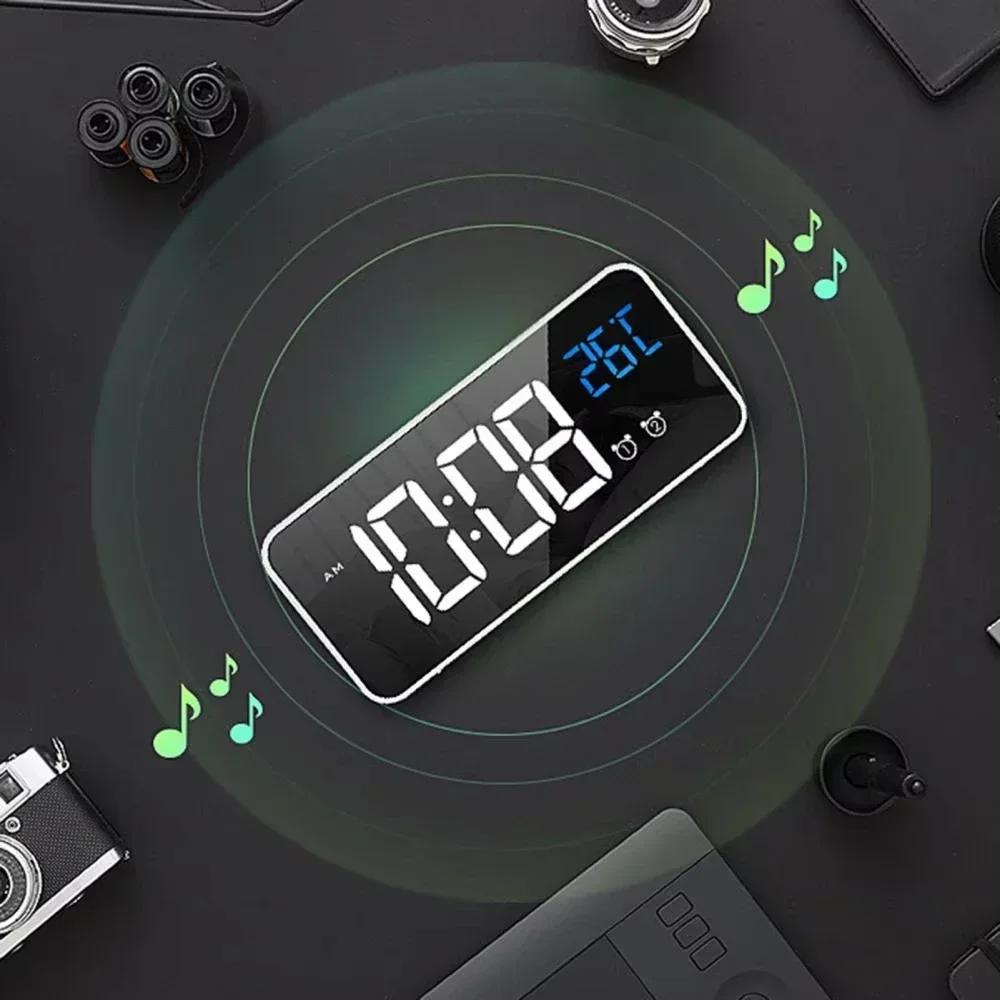 Ceas de alarmă digital multifuncțional de noptieră, cu încărcare USB, control vocal, oglindă, LED, cu alarme duale
