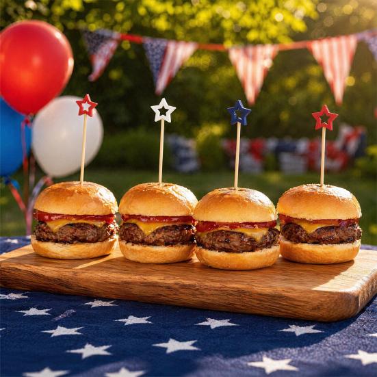 100 Stück Bambus-Zahnstocher, Rot Weiß Blau Stern Cocktail-Spieße, 4,7 Zoll Vorspeisen-Spieße für Burger Sandwiches Charcuterie Obst-Snacks, Patriotisch