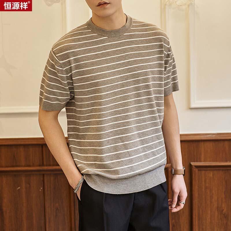 Hengyuanxiang Men s Striped Knit Round Neck T-Shirt M