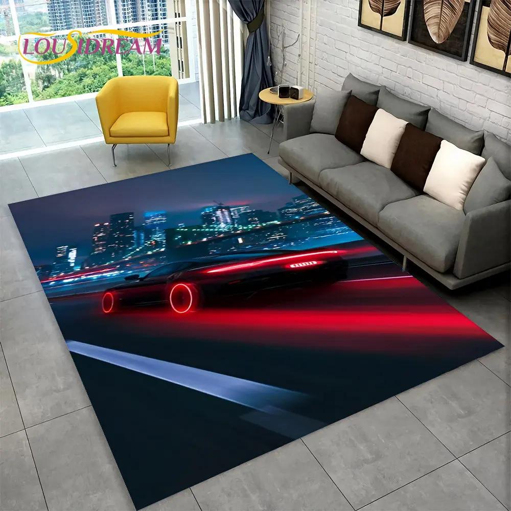 3D závodní auto koberec velký, koberec pro domácí obývací pokoj ložnice pohovka rohožka dekorace, dětská podložka do kuchyně protiskluzová podlahová podložka
