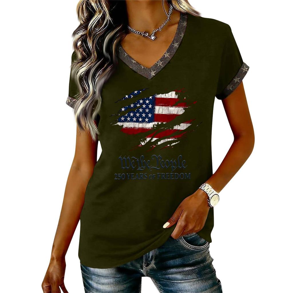 Damen Lässiger V-Ausschnitt Kurzarm Pullover Bedrucktes T-Shirt Top