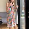 Women's Summer Floral Lace Strappy Pleated Dress - Sweet, Spicy, Loose-Fit Mid-Length Beach Style