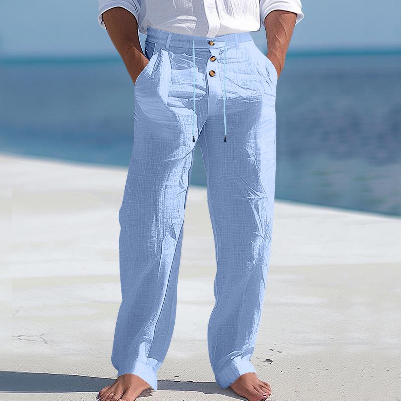 Herren Baumwolle Leinen Hose Knopf Dekoration Kordelzug Sommer Strandhose Gerade Einfarbig Bequeme Atmungsaktive Hose XL hellblaue