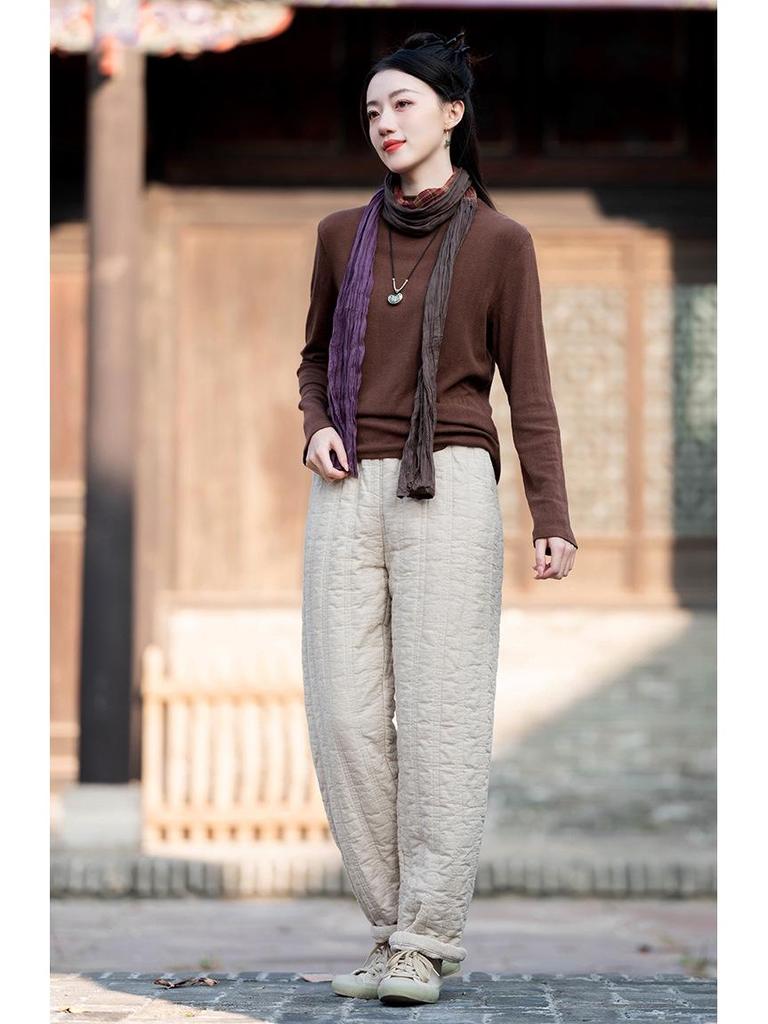 Winter Cotton Linen Women's Quilted Slimming Warm Pants