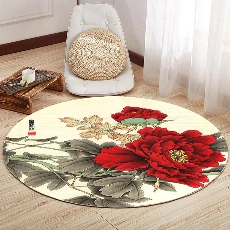 Lotus and Peony Pattern Round Carpet, Living Room Decorative Mat, Bedroom Foot Mat, Chinese Style Retro, Non-slip Chair Mat