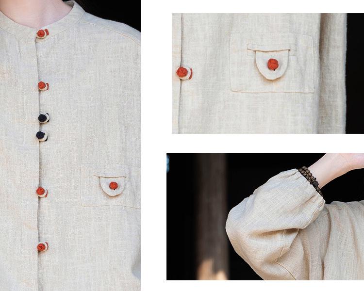 Women's Retro Cotton Linen Color Block Frog Button Cardigan Shirt