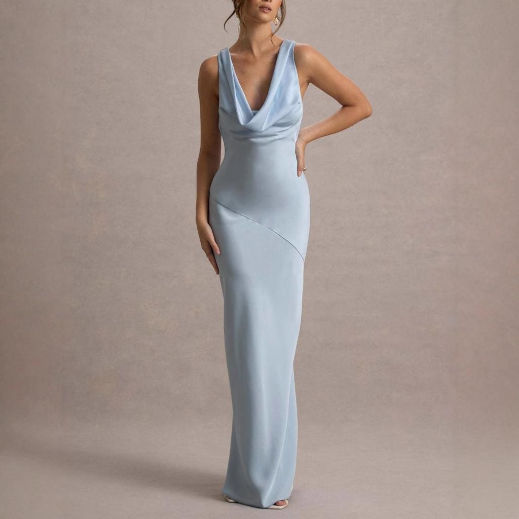 New Elegant Satin Mermaid Bodycon Backless Sexy Evening Prom Dress for Women, Cross-Border Cocktail Party Gown