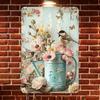 Metal Wall Art Poster, Retro Flowers with Bird and Watering Can, Home Cafe Décor