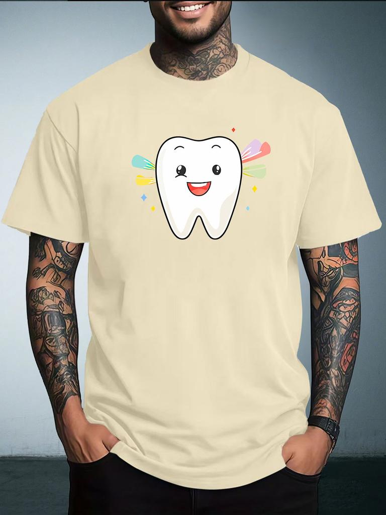 Unisex Summer White Short Sleeve Tee Cartoon Smiling Tooth Color Sparkle Graphic Print Crew Neck Loose Male Casual Streetwear Tops
