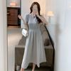 Dress big swing skirt girl summer Korean version five-quarter sleeve waist long skirt high waist round neck medium and long skirt