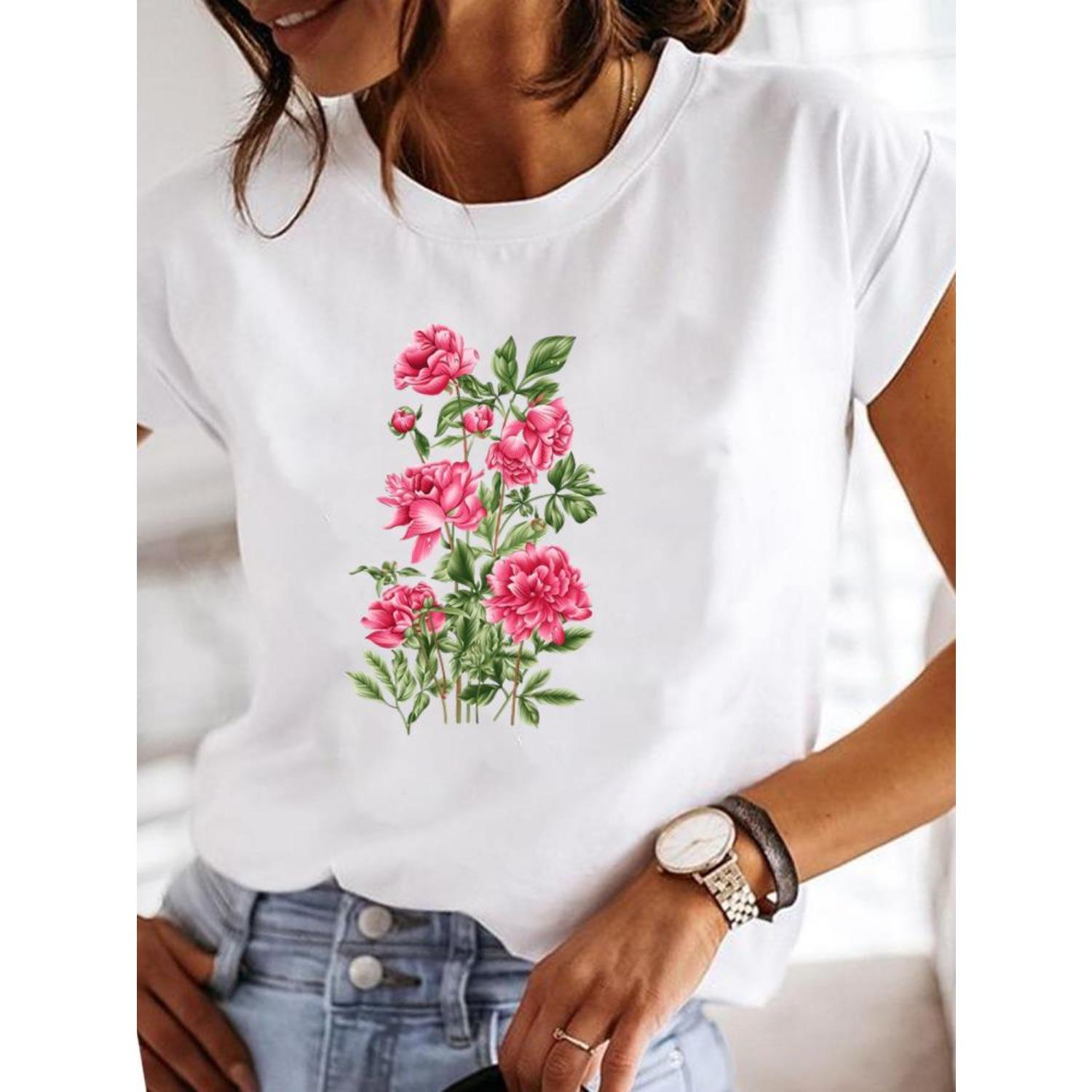 

Flower Lovely Sweet Watercolor Fashion Lady Graphic Tee Clothes Short Sleeve T Clothing Print Women Female Casual T-shirts S