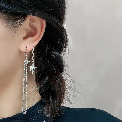 Asymmetric Black Zircon Star Cross Chain Tassel Earrings for Women Long Cool Unique Party Jewelry