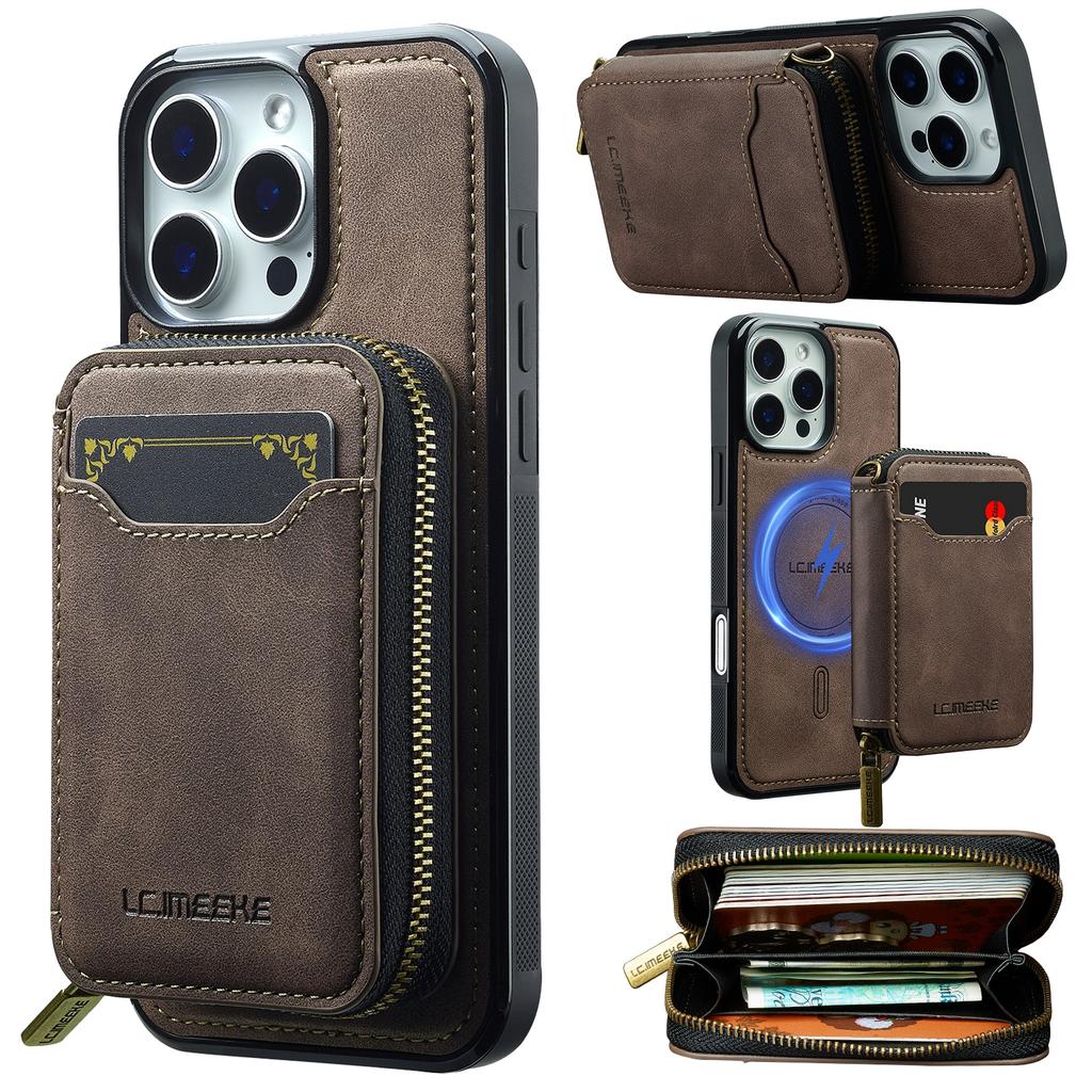 LC.IMEEKE L6 For iPhone 16 Pro Max Magnetic Case Detachable Zipper Wallet Leather Coated PC+TPU Phone Cover