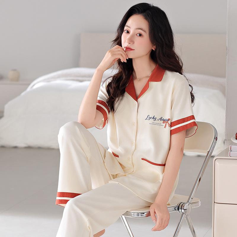 Pajamas women's summer cotton short-sleeved trousers thin summer 1011 new large-size summer cardigan loungewear