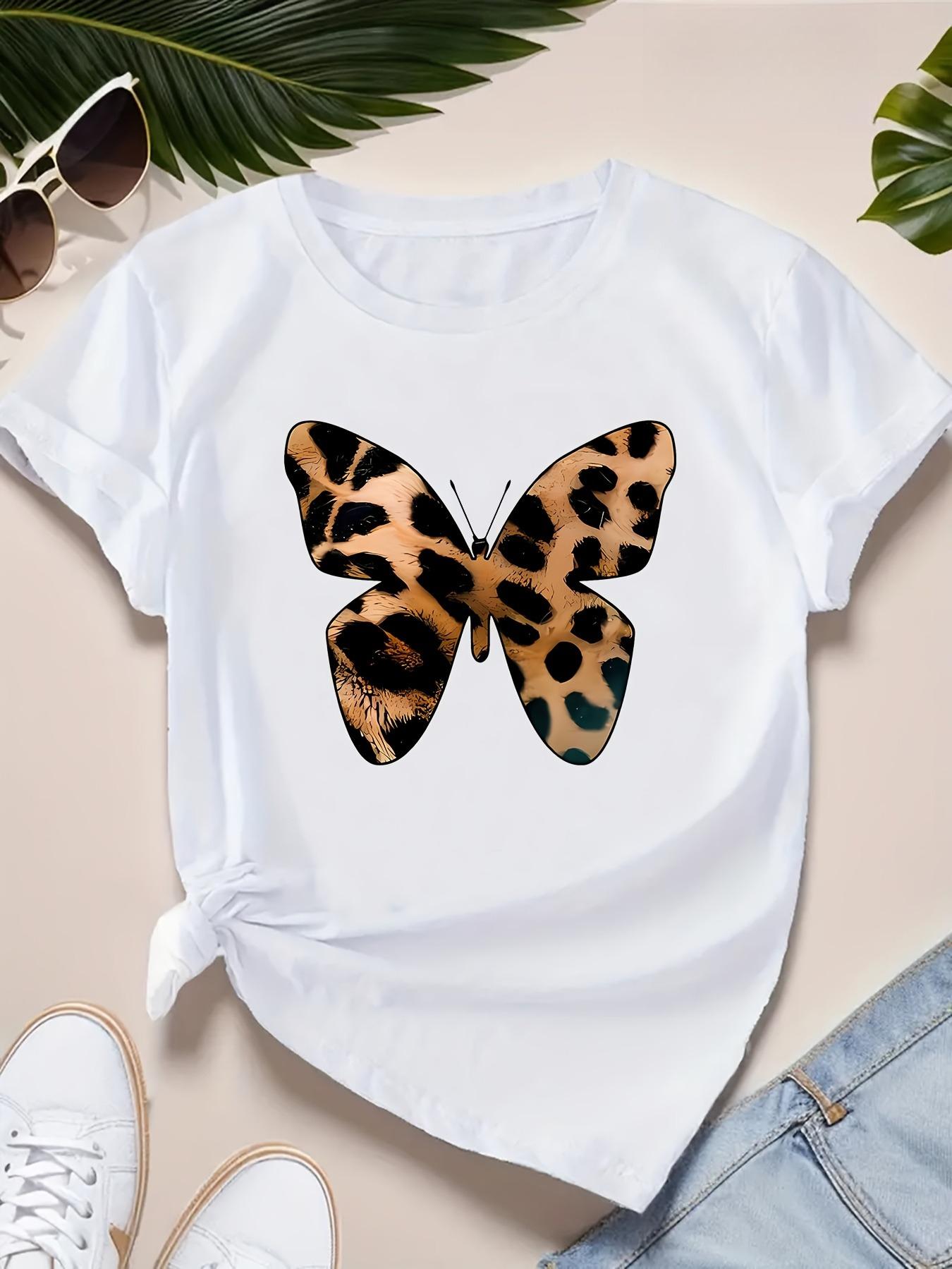 

Womens Leopard Butterfly Graphic TShirt Soft Comfortable Casual Tee Short Sleeve Round Neck with Bold Leopard Print Design S
