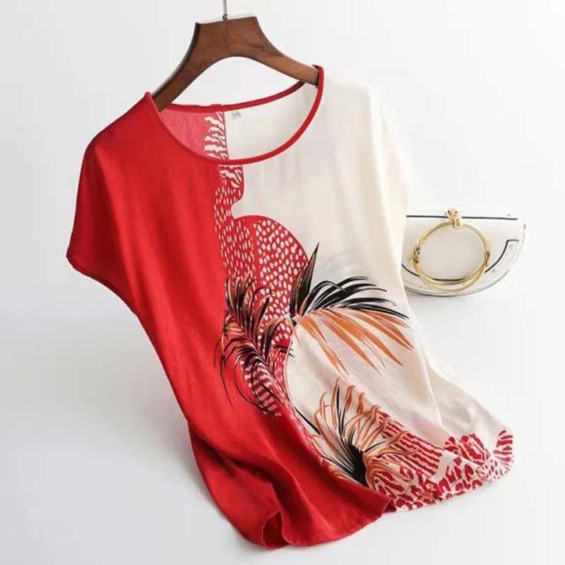 

Летний топ из ледяного шелка, женская свободная футболка больших размеров с круглым вырезом и короткими рукавами, микроэластичная ткань, гладкая и дышащая повседневная одежда M красный