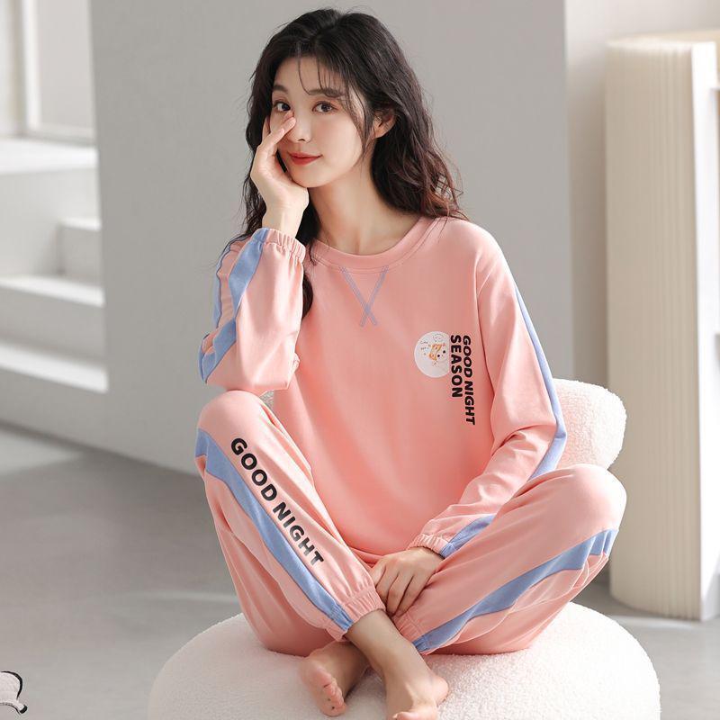 Dámské pyžamo z čisté bavlny - Jarní/podzimní jednobarevné, kulatý výstřih, dlouhý rukáv, volné, ležérní, pohodlný domácí oděv.