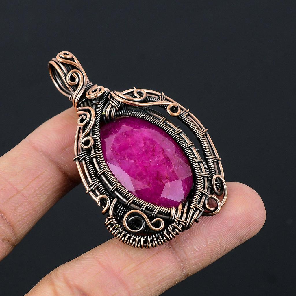 Ruby Pendant Gemstone Jewelry, 999 Copper Wire Wrapped Handmade Pendant, Latest Design Jewelry