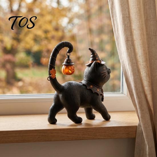 Small Statue for Balcony Halloween Black Cat Wearing Hat Figurine, Resin Witch Dark Style Figurine Desk Shelf, Spooky Cute Home Decor, Gift