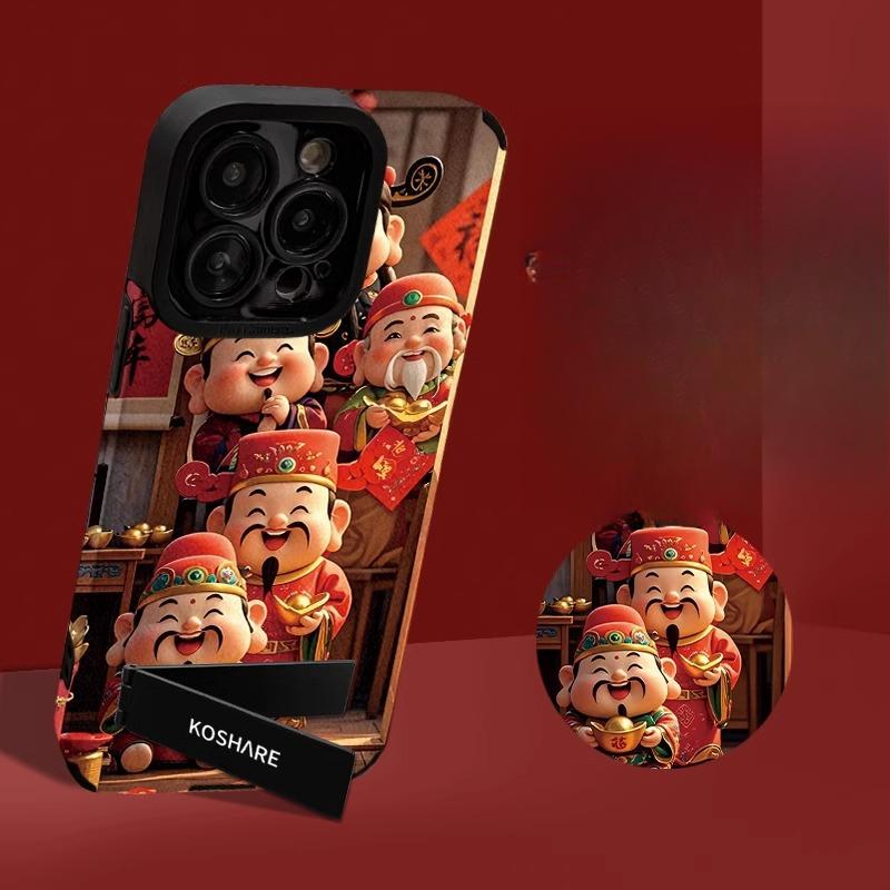 Five-way God of Wealth Bracket Uses Apple 16pro New Year Mobile Phone Case 15 Fur 14 National Trend 13/12 Anti-fall