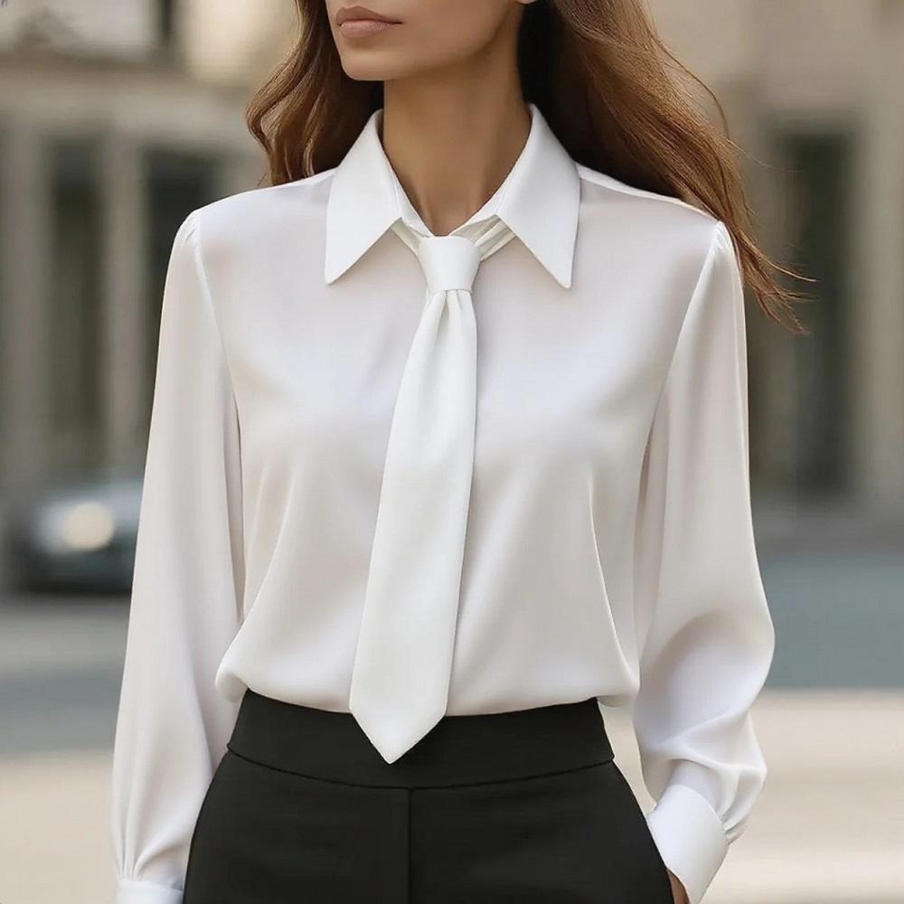 Autumn Long Sleeve Blouses and Shirts for Women Solid Color Casual Business Office Lady Tie Shirts Tops