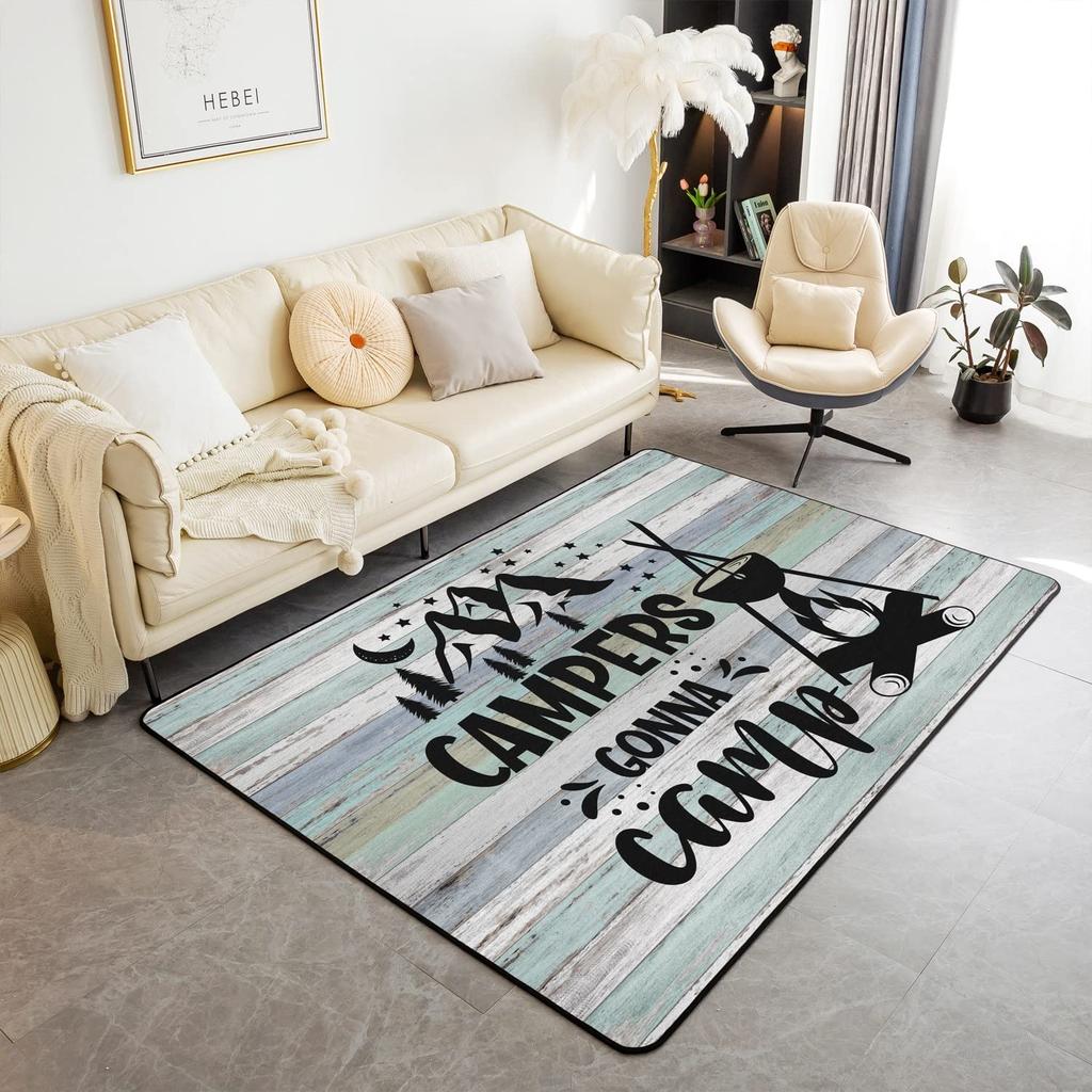 Happy Camping Living Room Rugs,Rv Car Area Rug,Vintage Farmhouse Style Non Slip Carpet, Camper Indoor Floor Mat for Travel Lover