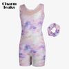 CHARMLEAKS Tricou de gimnastică pentru fete cu elastice de păr asortate, fără mâneci, cu decupaj din plasă, unitard scurt, cu sclipici, imprimeu galaxie fluture, bicicletă sportivă