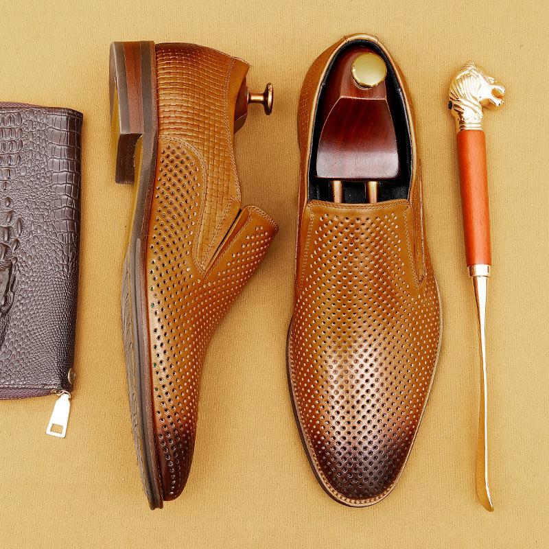 Pánské kožené boty Dutá kůže Pánské boty Letní Business One-pedal Boty pro volný čas Obuv s měkkou podrážkou Prodyšná